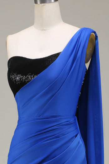 Robe de Soirée plissée sirène à une épaule bleu royal et paillettes sirène avec fente
