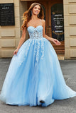 Tulle A-ligne Spaghetti Bretelles Bleu Ciel Longue Corset Robe de soirée avec Appliques