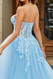 Tulle A-ligne Spaghetti Bretelles Bleu Ciel Longue Corset Robe de soirée avec Appliques