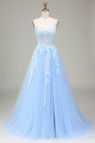 Tulle A-ligne Spaghetti Bretelles Bleu Ciel Robe de bal avec Appliques