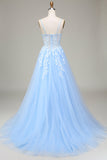 Tulle A-ligne Spaghetti Bretelles Bleu Ciel Robe de bal avec Appliques
