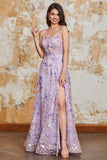 Magnifique A Line Spaghetti Bretelles Violet Clair Longue Robe De soirée Avec Appliques