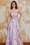 Magnifique A Line Spaghetti Bretelles Violet Clair Longue Robe De soirée Avec Appliques