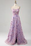 Robe de soirée longue à bretelles spaghetti mauve A-Line avec appliques