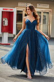 Robes de soirée en tulle perlé longues à col en V bleu marine avec plissée