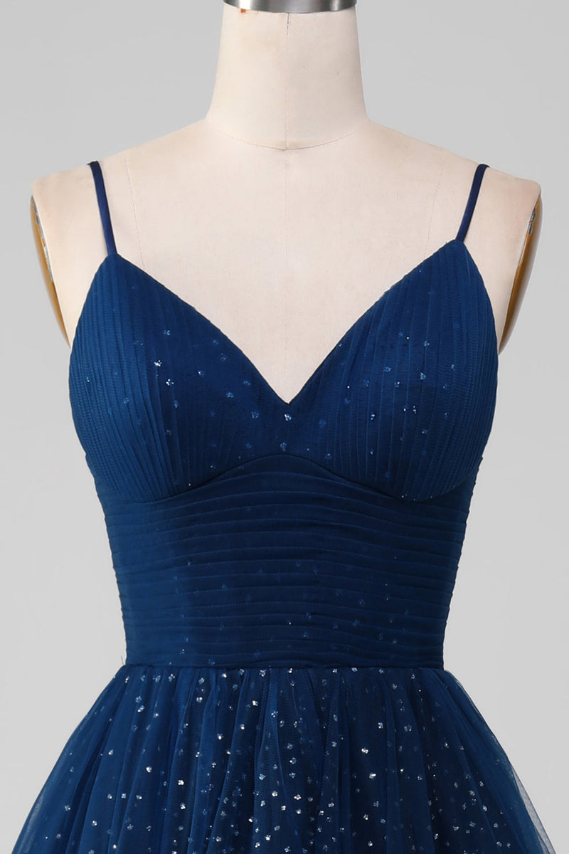 Charger l&#39;image dans la galerie, Robe de bal bleu marine col en V longues robes de bal en tulle perlé avec plissé