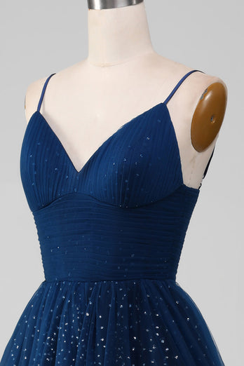 Robe de bal bleu marine col en V longues robes de bal en tulle perlé avec plissé