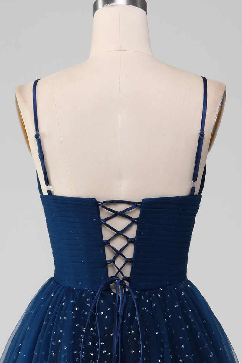Charger l&#39;image dans la galerie, Robe de bal bleu marine col en V longues robes de bal en tulle perlé avec plissé