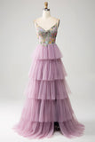 Robe de soirée longue à plusieurs niveaux corset mauve avec appliques