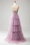 Robe de soirée longue à plusieurs niveaux corset mauve avec appliques