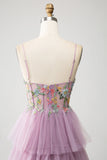 Robe de soirée longue à plusieurs niveaux corset mauve avec appliques