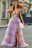 Robe de soirée mauve longue en tulle longue corset à plusieurs niveaux avec appliques