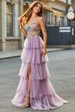 Robe de soirée mauve longue en tulle longue corset à plusieurs niveaux avec appliques