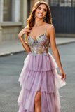 Robe de soirée mauve longue en tulle longue corset à plusieurs niveaux avec appliques