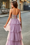 Robe de soirée mauve longue en tulle longue corset à plusieurs niveaux avec appliques