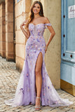 Mauve Off The Shoulder Split Front Longue Sirène Robe De Soirée Avec Appliques