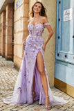 Mauve Off The Shoulder Split Front Longue Sirène Robe De Soirée Avec Appliques