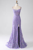 Robe de Soirée sirène à lacets dans le dos et paillettes lilas avec fente