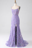 Robe de Soirée sirène à lacets dans le dos et paillettes lilas avec fente
