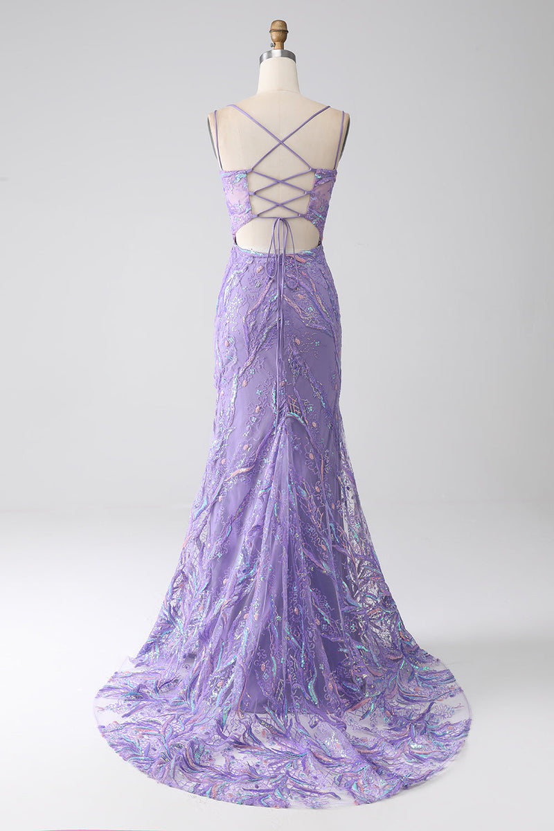 Charger l&#39;image dans la galerie, Robe de Soirée sirène à lacets dans le dos et paillettes lilas avec fente