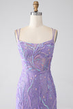 Robe de Soirée sirène à lacets dans le dos et paillettes lilas avec fente