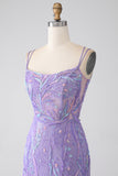 Robe de Soirée sirène à lacets dans le dos et paillettes lilas avec fente