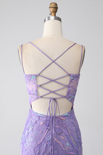 Robe de Soirée sirène à lacets dans le dos et paillettes lilas avec fente