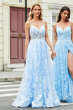 Magnifique une ligne Spaghetti Bretelles Bleu Ciel Corset Robe de soirée avec Appliques