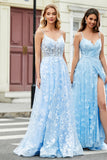 Magnifique une ligne Spaghetti Bretelles Bleu Ciel Corset Robe de soirée avec Appliques