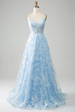 Bleu ciel A-ligne Spaghetti Bretelles Dentelle Long Corset Robe De soirée