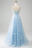 Bleu ciel A-ligne Spaghetti Bretelles Dentelle Long Corset Robe De soirée