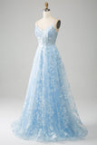 Bleu ciel A-ligne Spaghetti Bretelles Dentelle Long Corset Robe De soirée