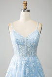 Bleu ciel A-ligne Spaghetti Bretelles Dentelle Long Corset Robe De soirée
