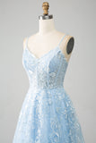 Bleu ciel A-ligne Spaghetti Bretelles Dentelle Long Corset Robe De soirée