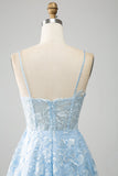 Bleu ciel A-ligne Spaghetti Bretelles Dentelle Long Corset Robe De soirée
