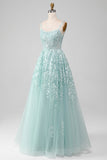 Glitter Menthe A-Line Tulle Robe de Soirée longue avec dentelle
