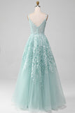 Glitter Menthe A-Line Tulle Robe de Soirée longue avec dentelle