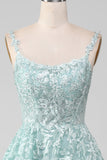 Glitter Menthe A-Line Tulle Robe de Soirée longue avec dentelle