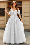 Robe de mariée longue à manches bouffantes trapèze blanche avec appliques