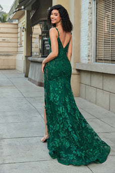 Élégante sirène bretelles spaghetti vert foncé longue robe de soirée avec appliques