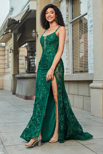 Élégante sirène bretelles spaghetti vert foncé longue robe de soirée avec appliques