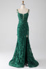 Charger l&#39;image dans la galerie, Robe de Soirée longue sirène vert foncé à bretelles spaghetti avec appliques