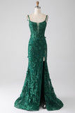 Robe de Soirée longue sirène vert foncé à bretelles spaghetti avec appliques