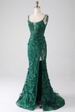 Robe de Soirée longue sirène vert foncé à bretelles spaghetti avec appliques