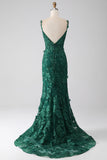 Robe de Soirée longue sirène vert foncé à bretelles spaghetti avec appliques