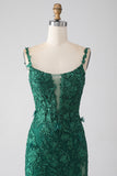 Robe de Soirée longue sirène vert foncé à bretelles spaghetti avec appliques