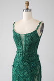 Robe de Soirée longue sirène vert foncé à bretelles spaghetti avec appliques