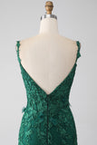 Robe de Soirée longue sirène vert foncé à bretelles spaghetti avec appliques