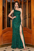 Charger l&#39;image dans la galerie, Superbe sirène une épaule vert foncé paillettes longue robe de soirée avec fente