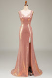 Robe de soirée sirène rose vif scintillant avec fente